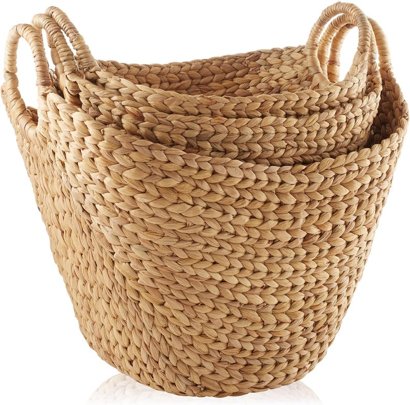Casafield Set of 3 Multipurpose Boat Baskets with Handles - Natural, Woven Water Hyacinth Storage Organizers for Throw Blankets, Bedroom, Living Room, Laundry - Image 3